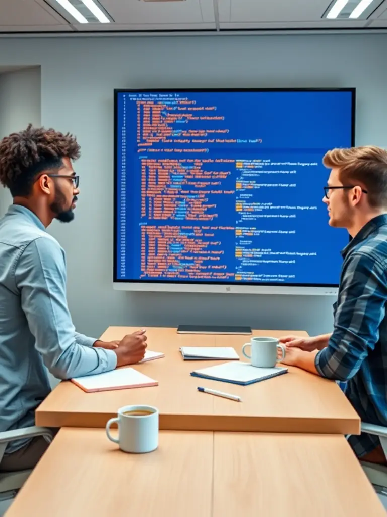 A diverse group of students collaborating on a coding project, with lines of JavaScript code displayed on a large monitor in the background.