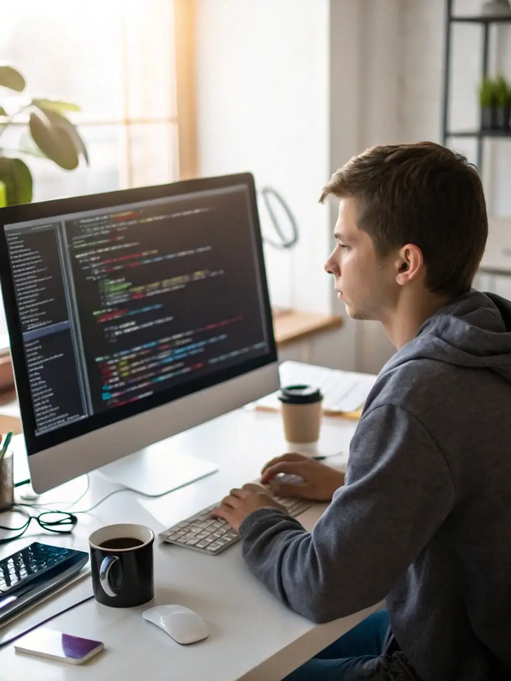 A focused image of a student coding with a determined expression, highlighting the practical application of web development skills.