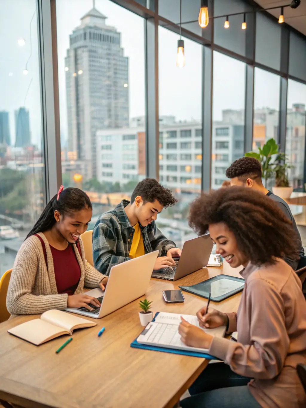 An image showcasing a diverse group of students collaborating on a web development project, emphasizing teamwork and community.