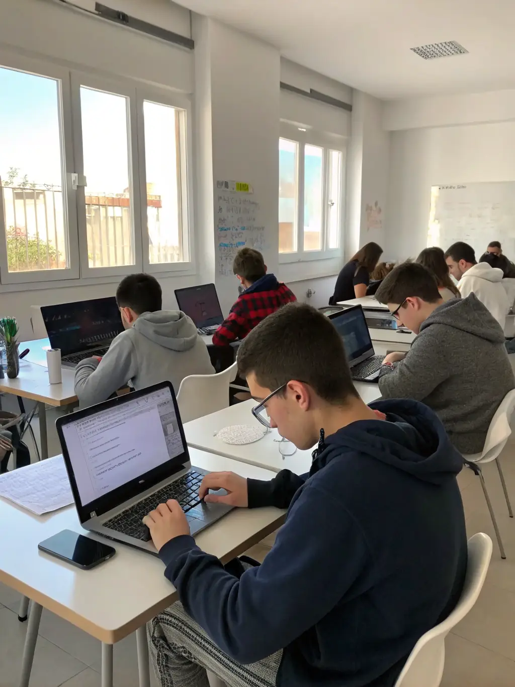 A group of students collaborating on a web development project, using laptops and discussing code.