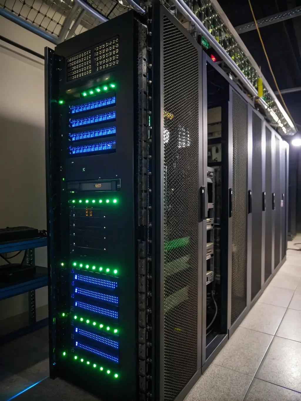 A server rack with blinking lights, representing the backend infrastructure that powers web applications and the importance of server-side knowledge.