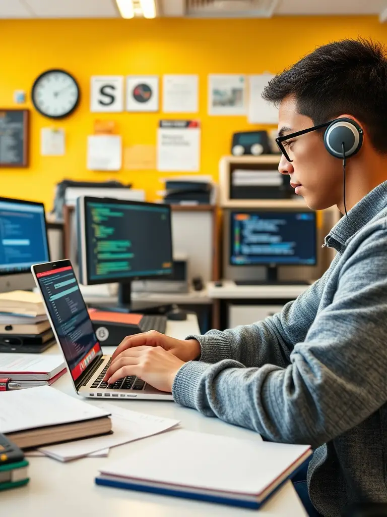 A student coding at a computer, focused on learning web development, in a modern classroom setting.